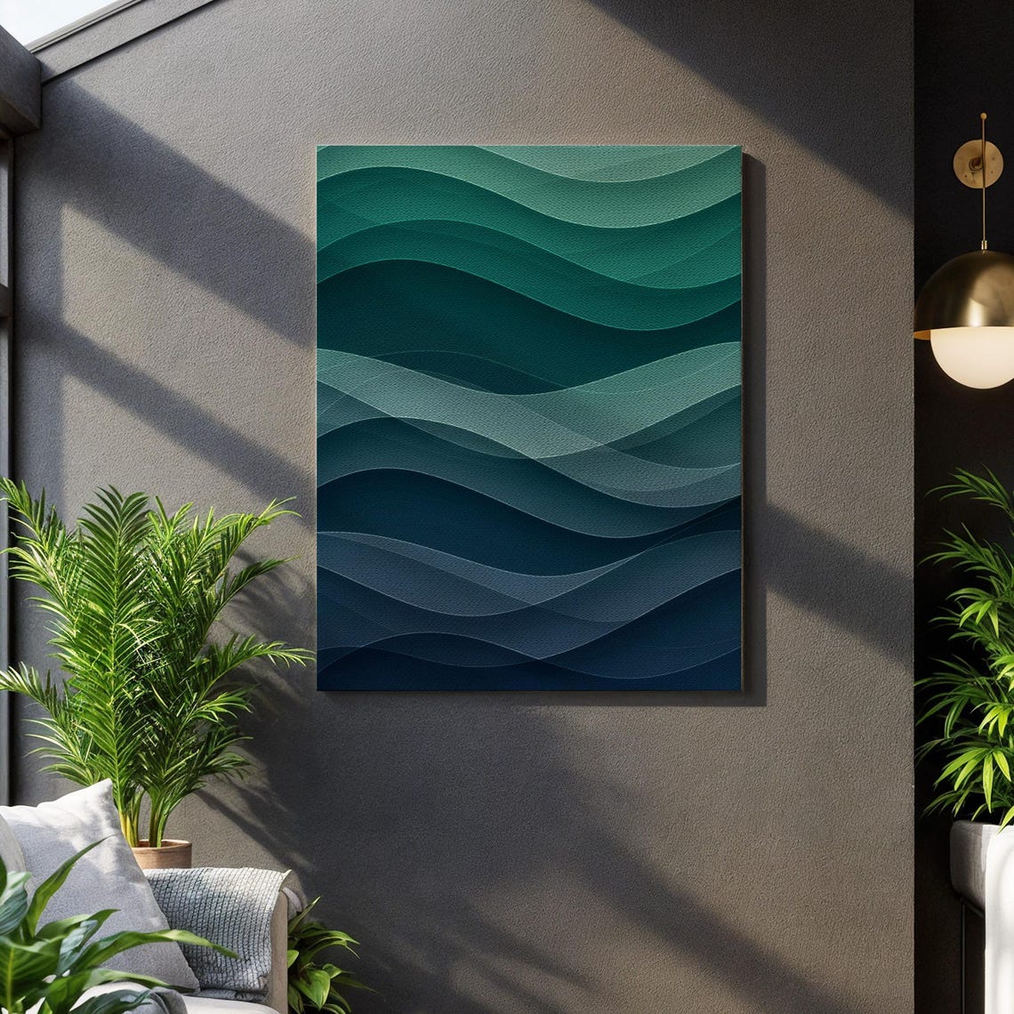 Layered Blue Ocean Wave Forms Dynamic Teal Gradient Art Poster