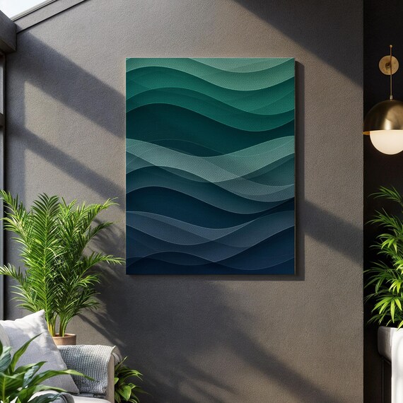 Layered Blue Ocean Wave Forms Dynamic Teal Gradient Art Poster