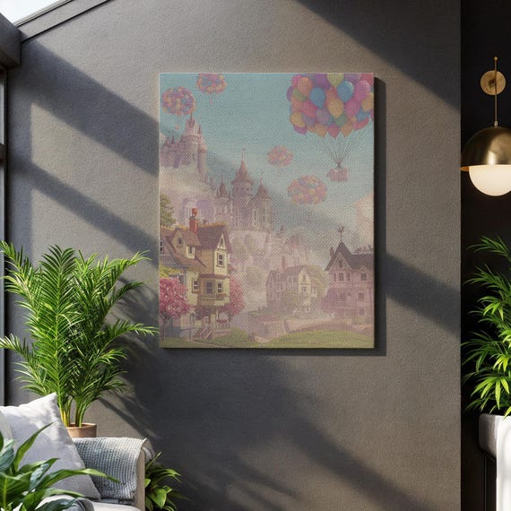 Whimsical Balloon Village Canvas Wall Art Pastel Fantasy Castle Scene With Hot Air Balloons Dreamy Storybook Style Home Decor Print
