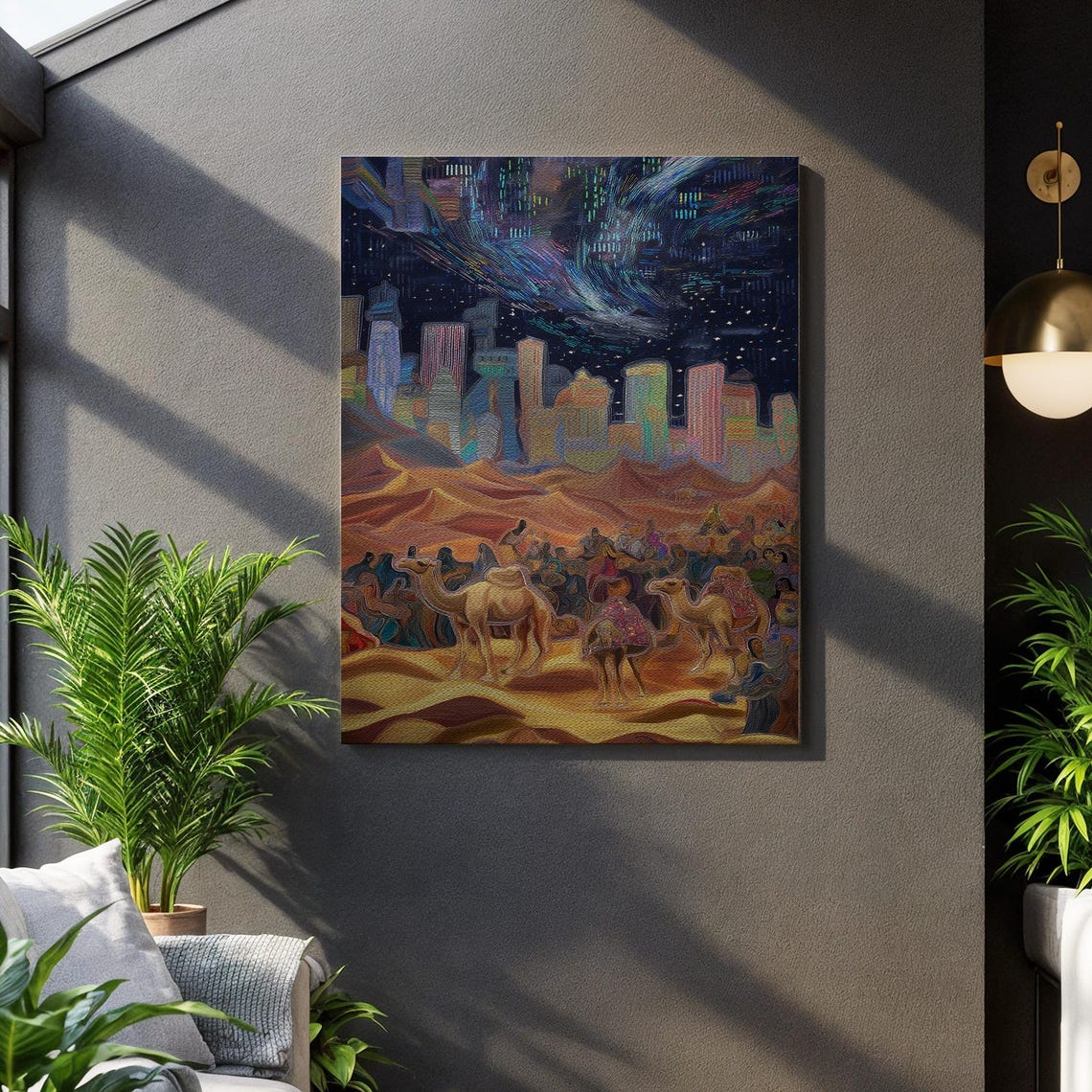 Desert Camel Caravan Night Poster Starry Sky Dunes And City Lights