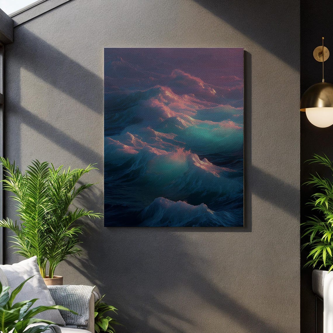 Ocean Waves Sunset Abstract Purple Teal Dramatic Seascape Wall Art