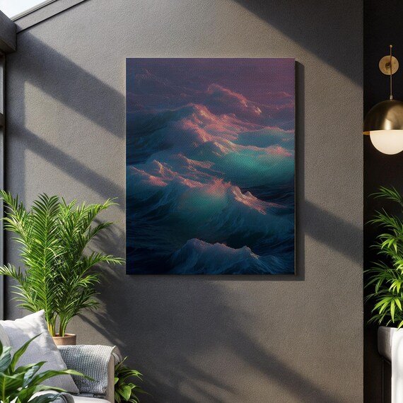 Ocean Waves Sunset Abstract Purple Teal Dramatic Seascape Wall Art