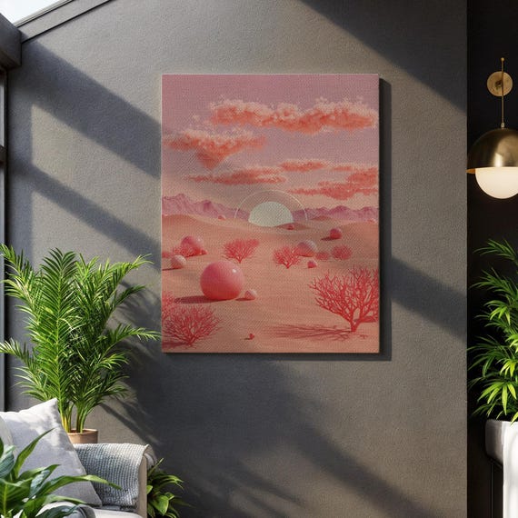 Pink Desert Dreamscape Canvas Wall Art Surreal Landscape With Spheres And Sunset Framed Gift For Modern Minimalist Home Decor