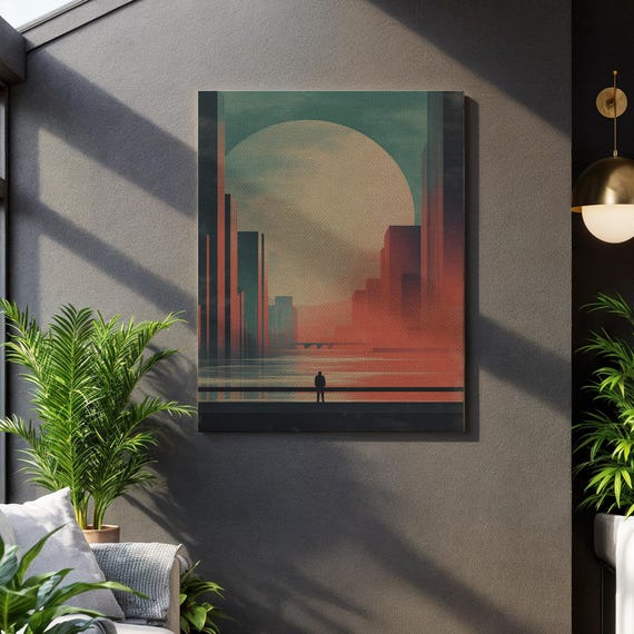 Retro Futuristic Cityscape Canvas Print Lone Figure At Sunset Art Moody Urban Skyline Wall Decor Minimal Sci Fi Landscape Painting Gift