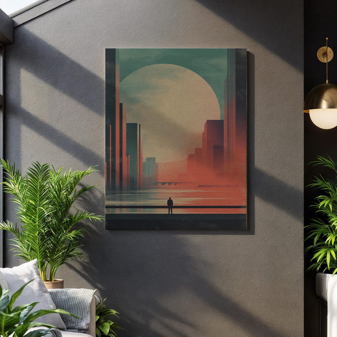 Retro Futuristic Cityscape Lone Figure Sunset Sci Fi Skyline Poster