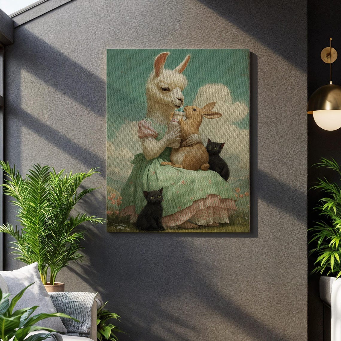 Surreal Llama Bottle Feeding Bunny Whimsical Animal Nursery Poster