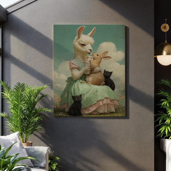 Surreal Llama Bottle Feeding Bunny Whimsical Animal Nursery Poster