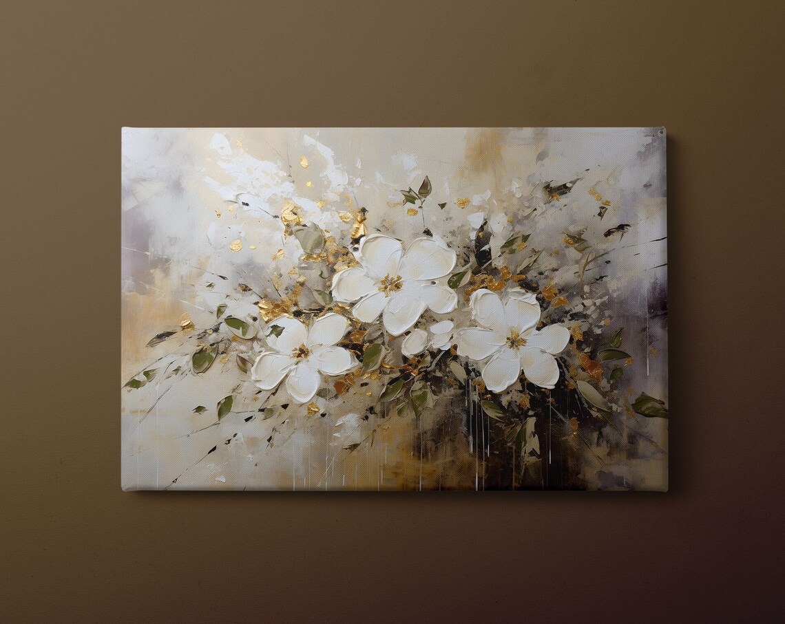 White Blossom Gold Leaf Cream Background Romantic Floral Wall Art