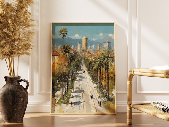Los Angeles Palm Lined Street Art Print Cityscape Painting Urban Boulevard Wall Decor Hollywood Travel