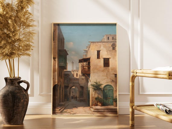 Antique Moroccan Street Scene Print Arabesque Architecture Art Old City Alleyway Oil Painting