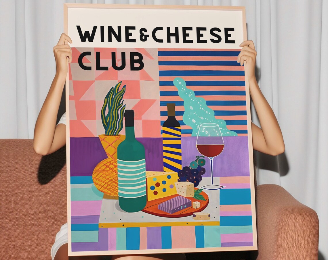 Wine And Cheese Club Retro Maximalist Colorful Still Life Poster - Image 3