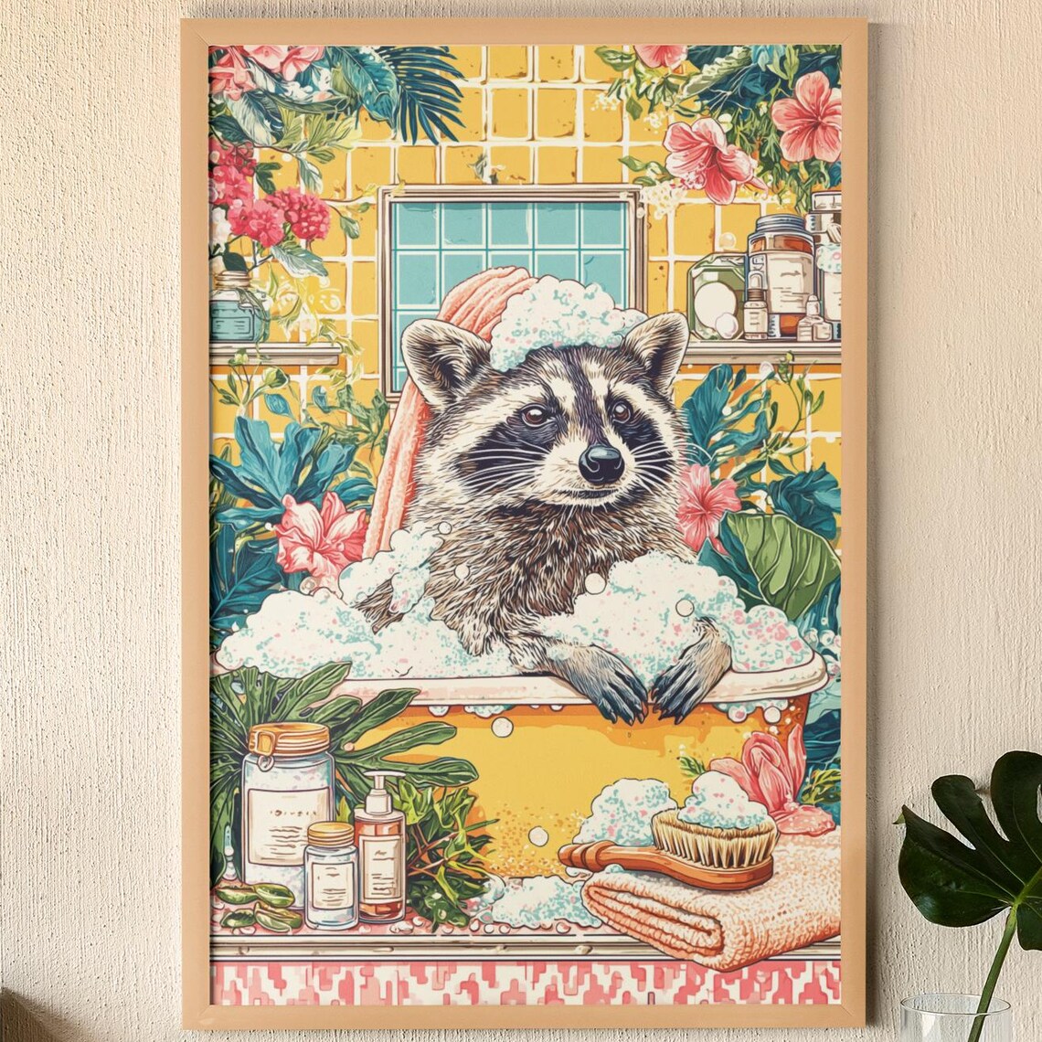 Funny Raccoon Bathroom Poster, Tropical Tub Art Print