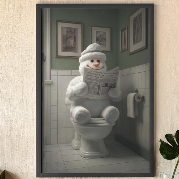 Funny Snowman Bathroom Poster, Quirky Holiday Decor