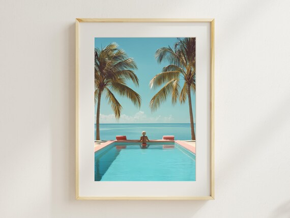 Serene Infinity Pool with Palm Trees Overlooking the Ocean Wall Art