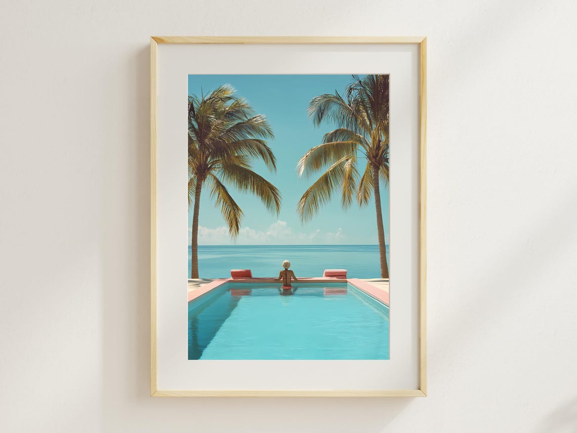 Serene Infinity Pool with Palm Trees Overlooking the Ocean Wall Art