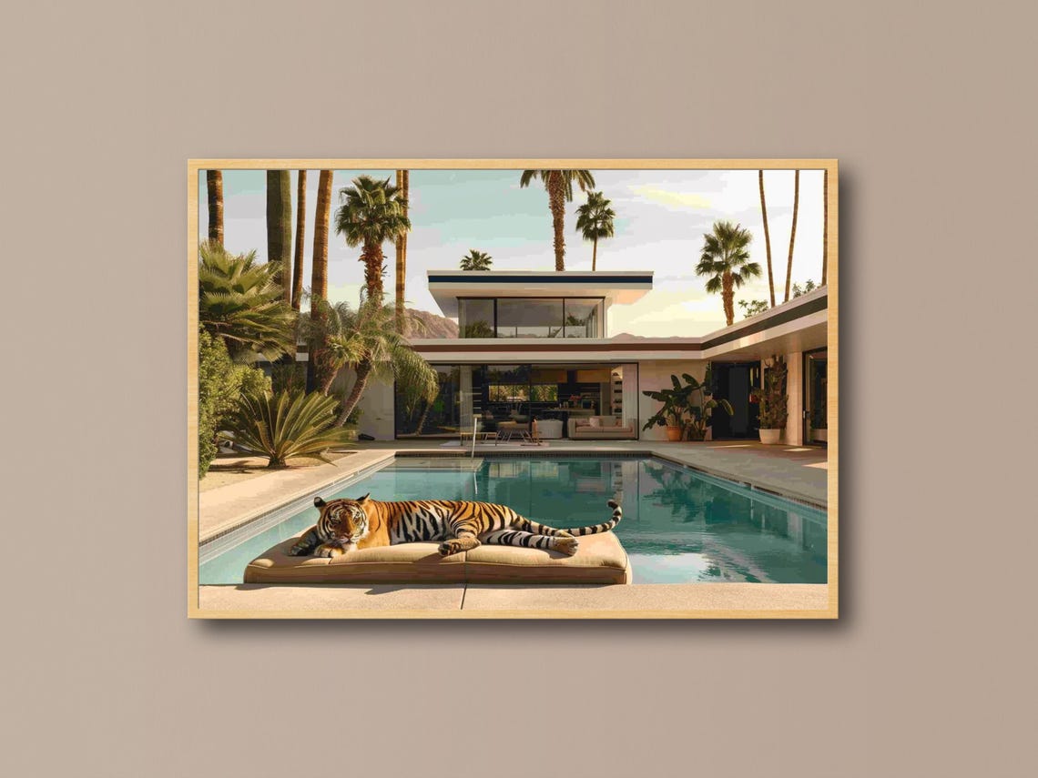 Bengal Tiger Lounging by a Midcentury Modern Pool Villa Poster