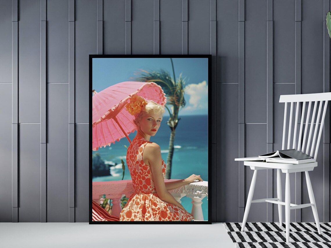Pink Parasol Ocean View Retro Summer Glamour Fashion Art Poster