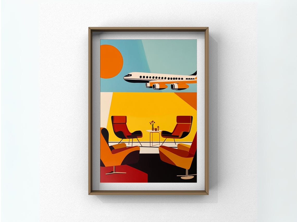 Retro Airport Lounge Jet Age Airplane Midcentury Travel Poster