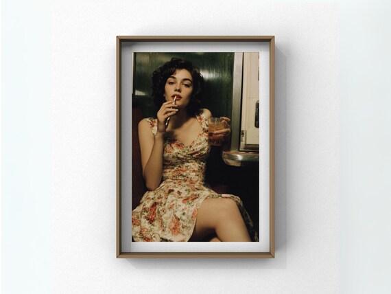 Vintage Femme Fatale Wall Art Elegant Woman With Drink And Cigarette 1950s Retro Glamour Print Bar Lounge Decor