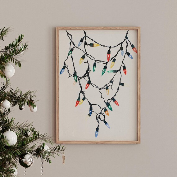 Retro Christmas Lights Watercolor Minimalist Holiday Art Poster
