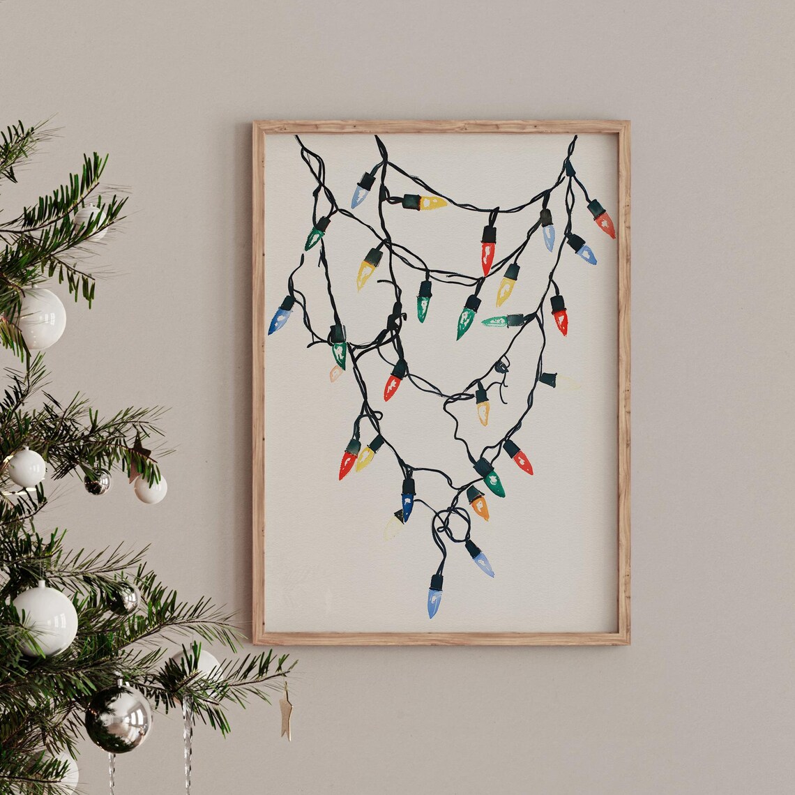 Retro Christmas Lights Watercolor Minimalist Holiday Art Poster