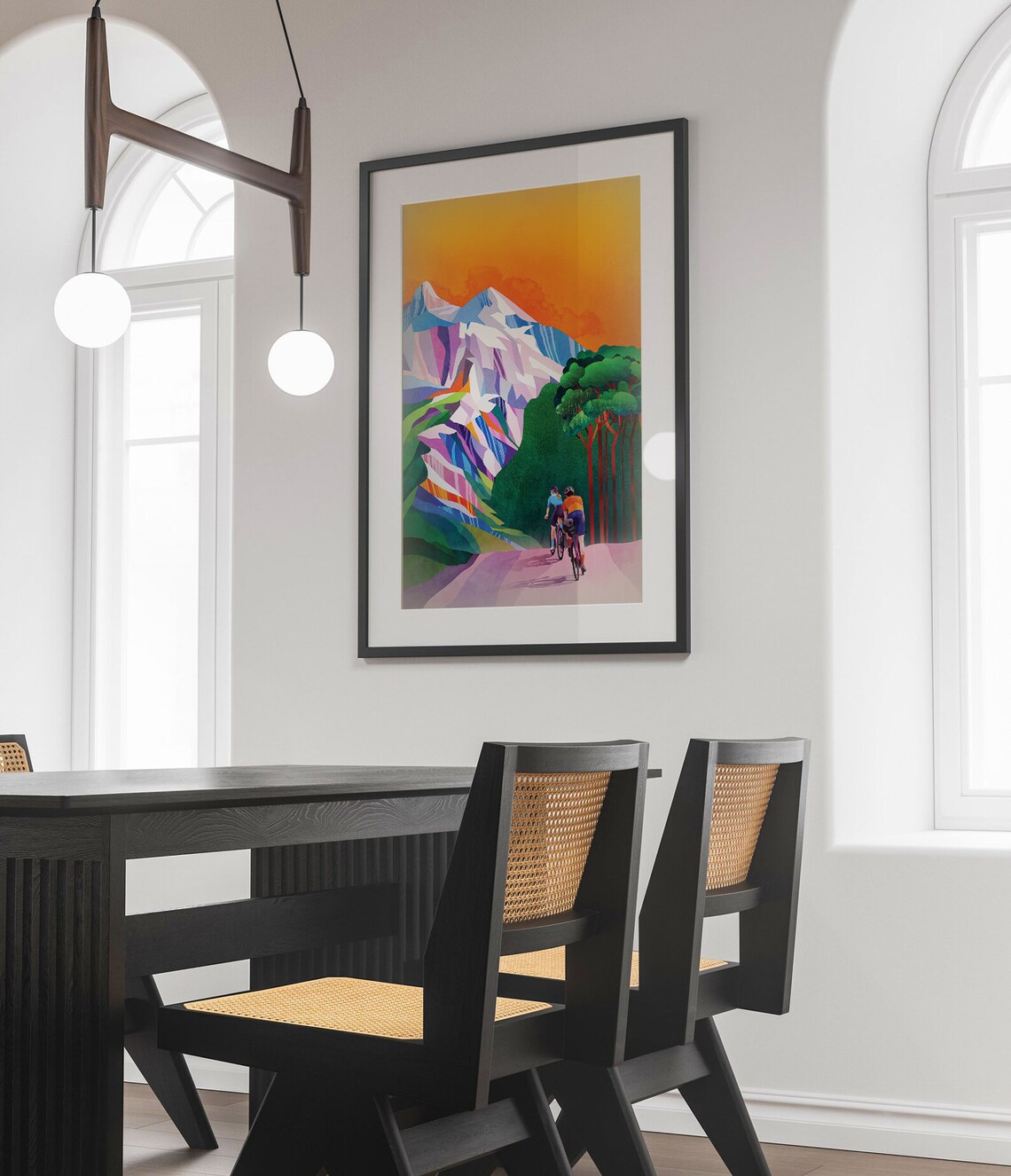 Cyclists Riding Toward Snowy Peaks at Sunset Orange Sky Poster - Image 3