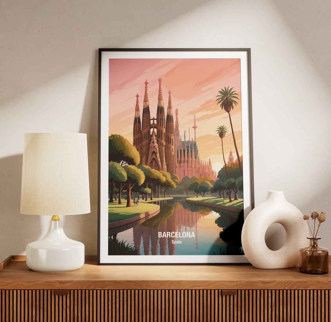 Barcelona Sagrada Familia Sunset Pond Mirror Reflection Poster - Image 3
