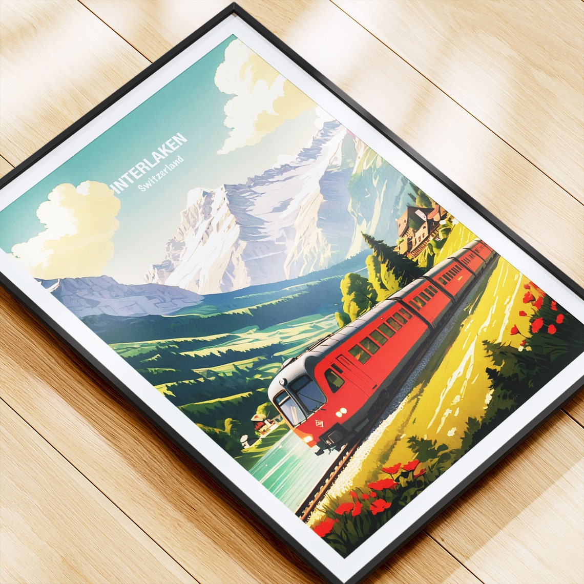 Interlaken Red Swiss Train Through Alpine Valley Travel Poster - Image 4