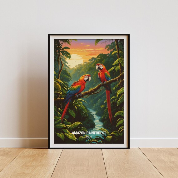 Amazon Rainforest Scarlet Macaws At Sunset Brazil Wildlife Poster