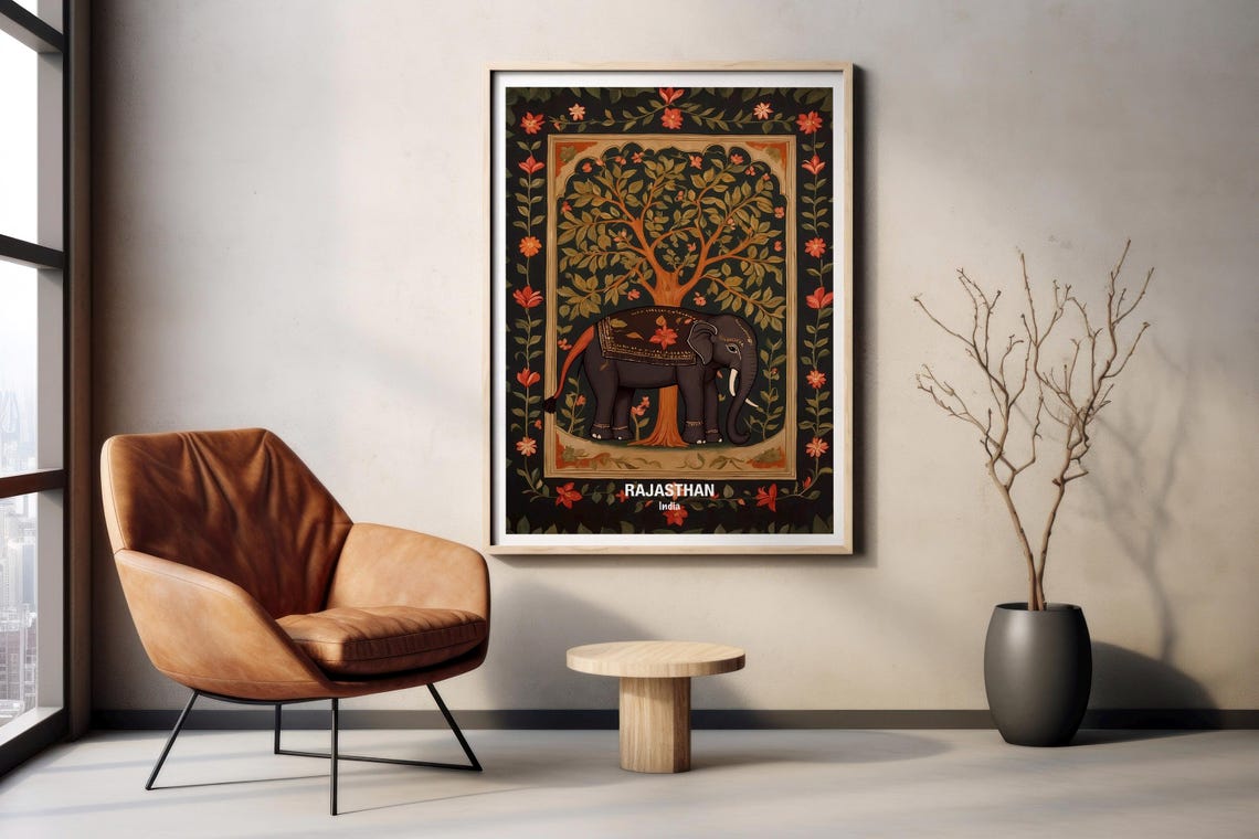 India Rajasthan Royal Elephant Under Tree Traditional Art Poster - Image 2