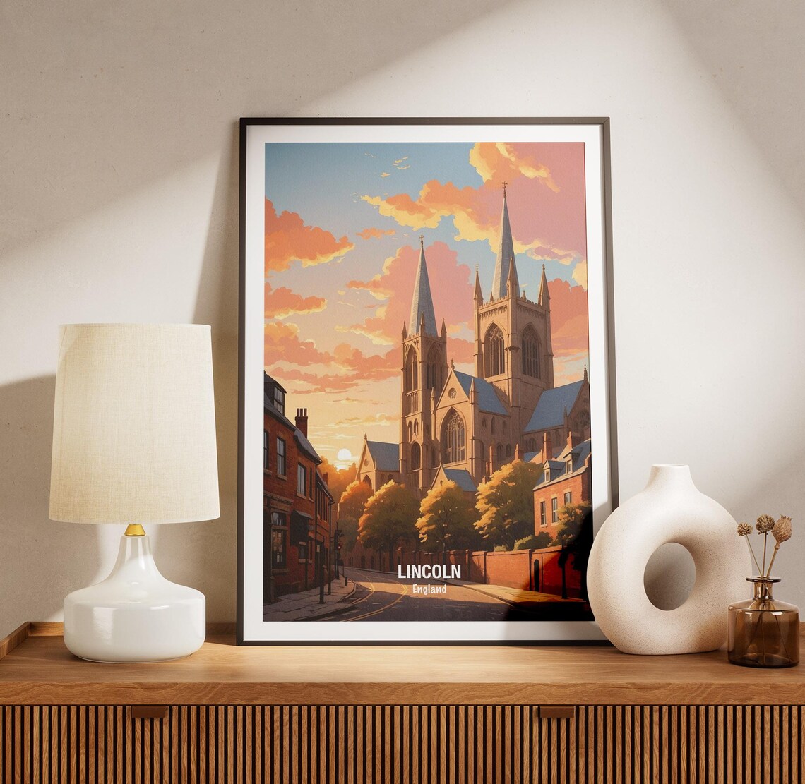 Lincoln Cathedral Twin Spires Sunset Golden England Travel Poster - Image 3