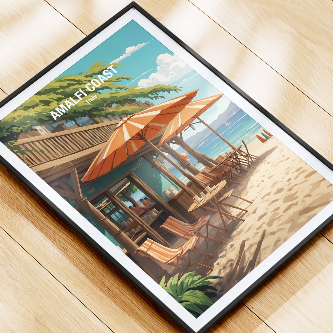 Amalfi Coast Italy Sandy Beach Bar With Striped Umbrellas Poster - Image 4