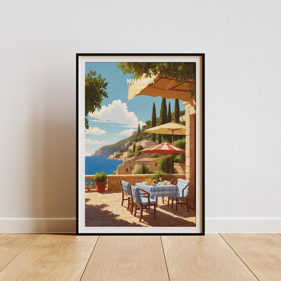 Mallorca Spain Coastal Terrace Cafe Cypress Cliffs Sea View Poster