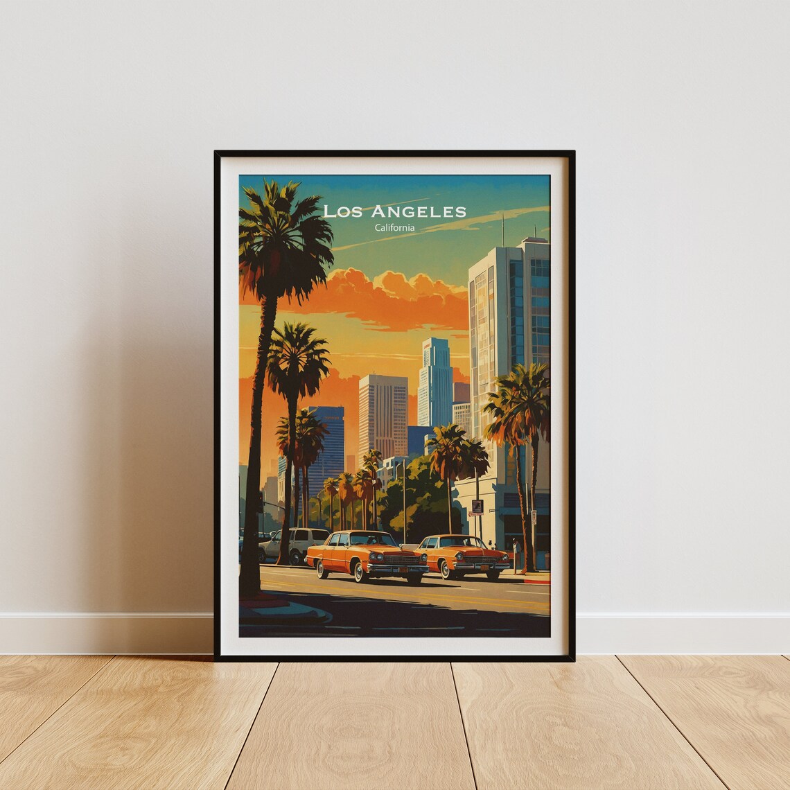 Los Angeles Retro Downtown Skyline Palm Trees Sunset Drive Poster