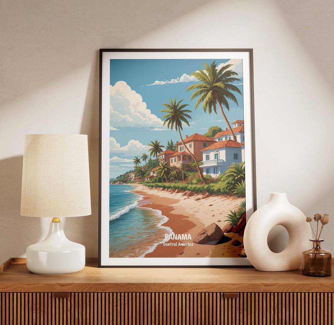Panama Palm Lined Beach And Coastal Village Sunset Travel Poster - Image 3