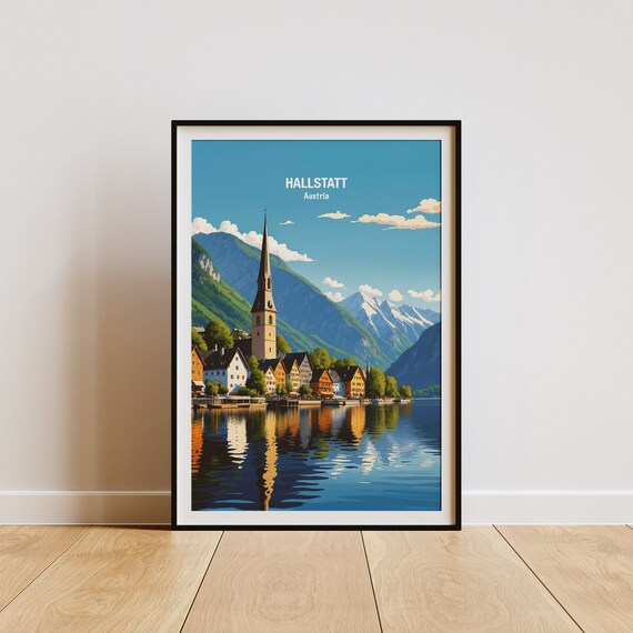 Hallstatt Austria Lakeside Village Church Spire Alpine Travel Poster