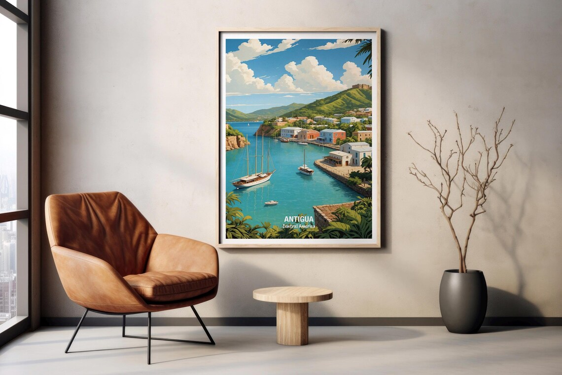Antigua Central America Harbor Sailboats Hillside Town Poster - Image 2