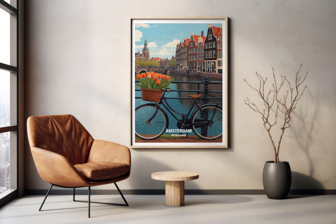 Amsterdam Netherlands Bicycle Tulips Canal Bridge City Poster - Image 2