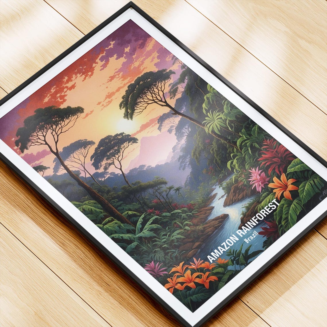 Amazon Rainforest River Valley Sunset Tropical Flowers Poster - Image 4