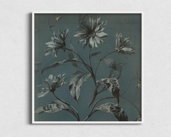 Square Vintage Floral Sketch Art Moody Blue Floral Art Print