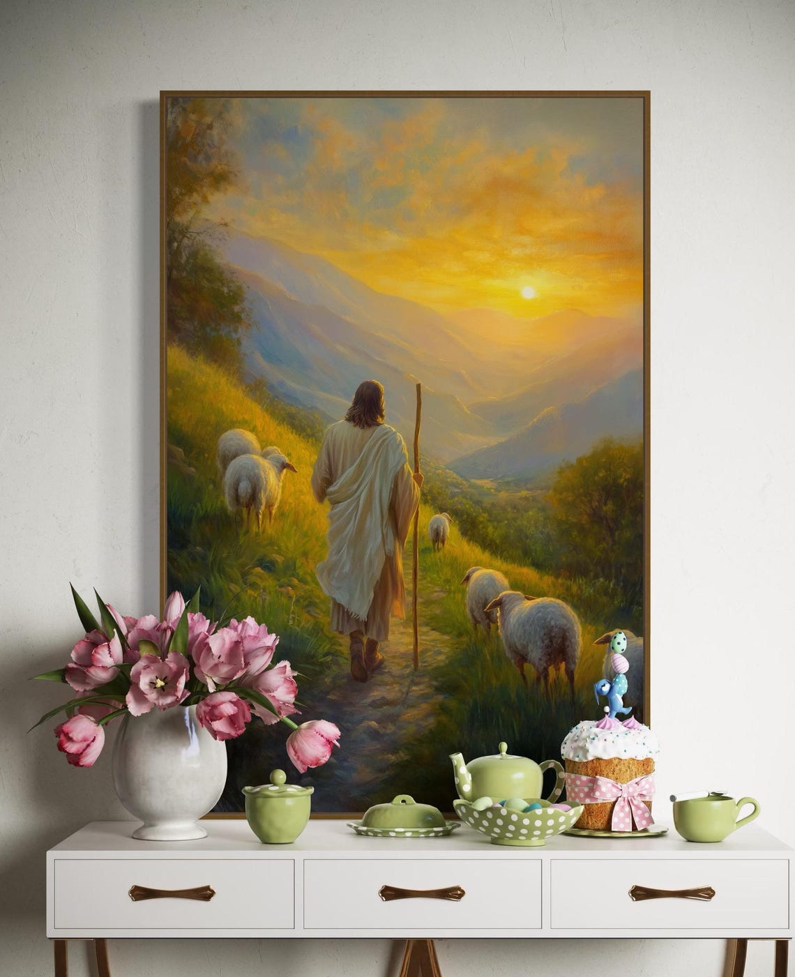 Good Shepherd Jesus Sheep Golden Sunset Mountain Path Faith Art Poster