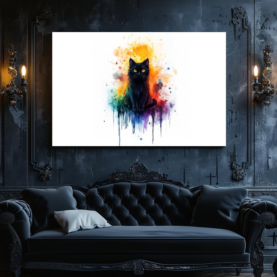 Black Cat Sitting in Rainbow Paint Splash Watercolor Art Poster