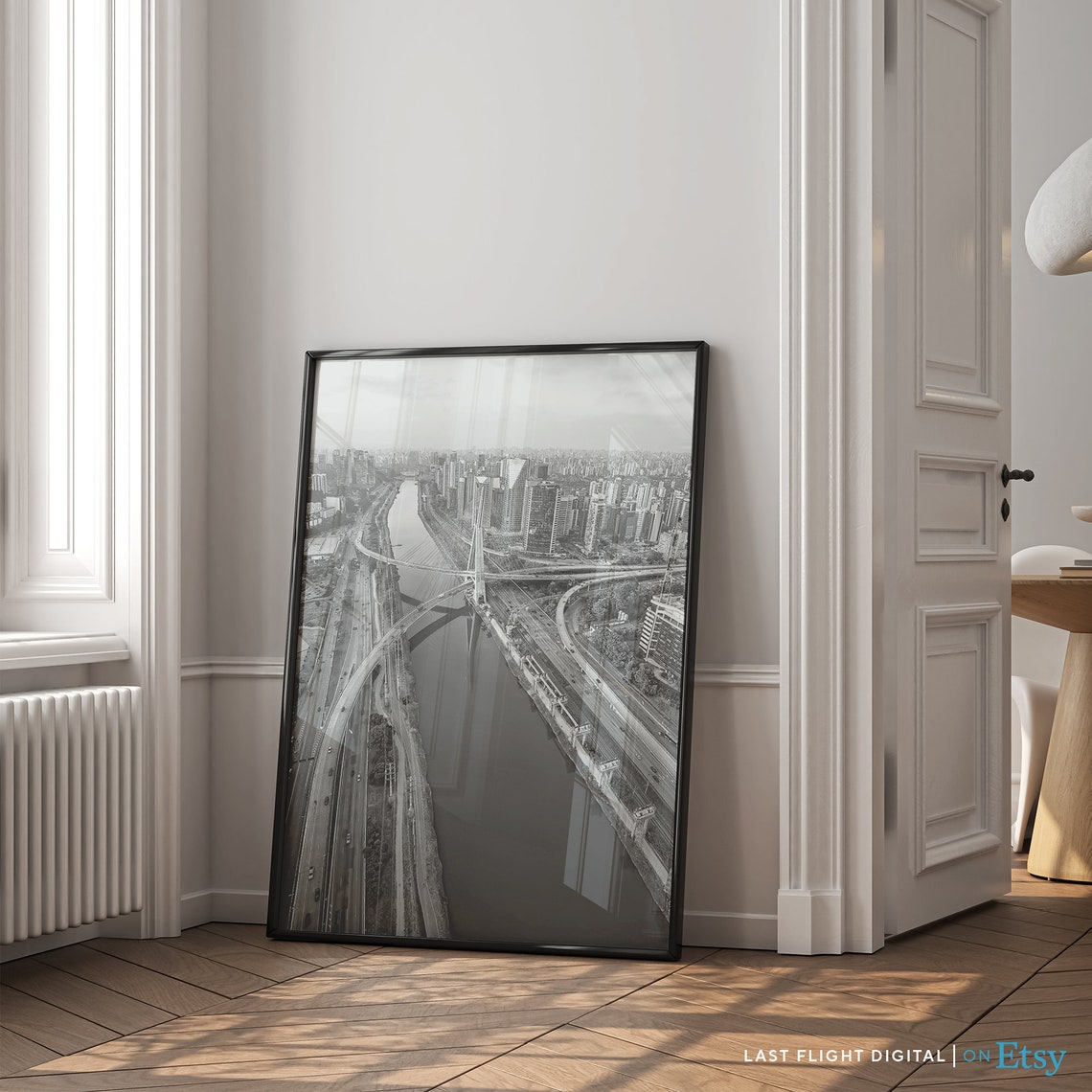 Brazil Sao Paulo Ponte Estaiada Bridge Aerial River Black White Poster - Image 4
