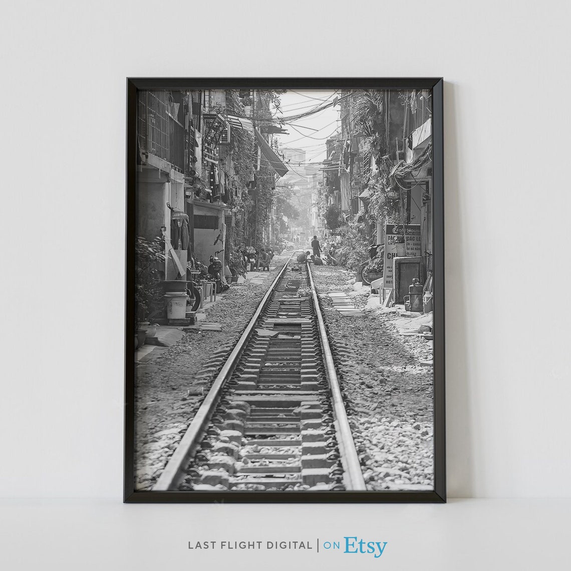Hanoi Vietnam Train Street Railway Tracks Alley Black White Poster
