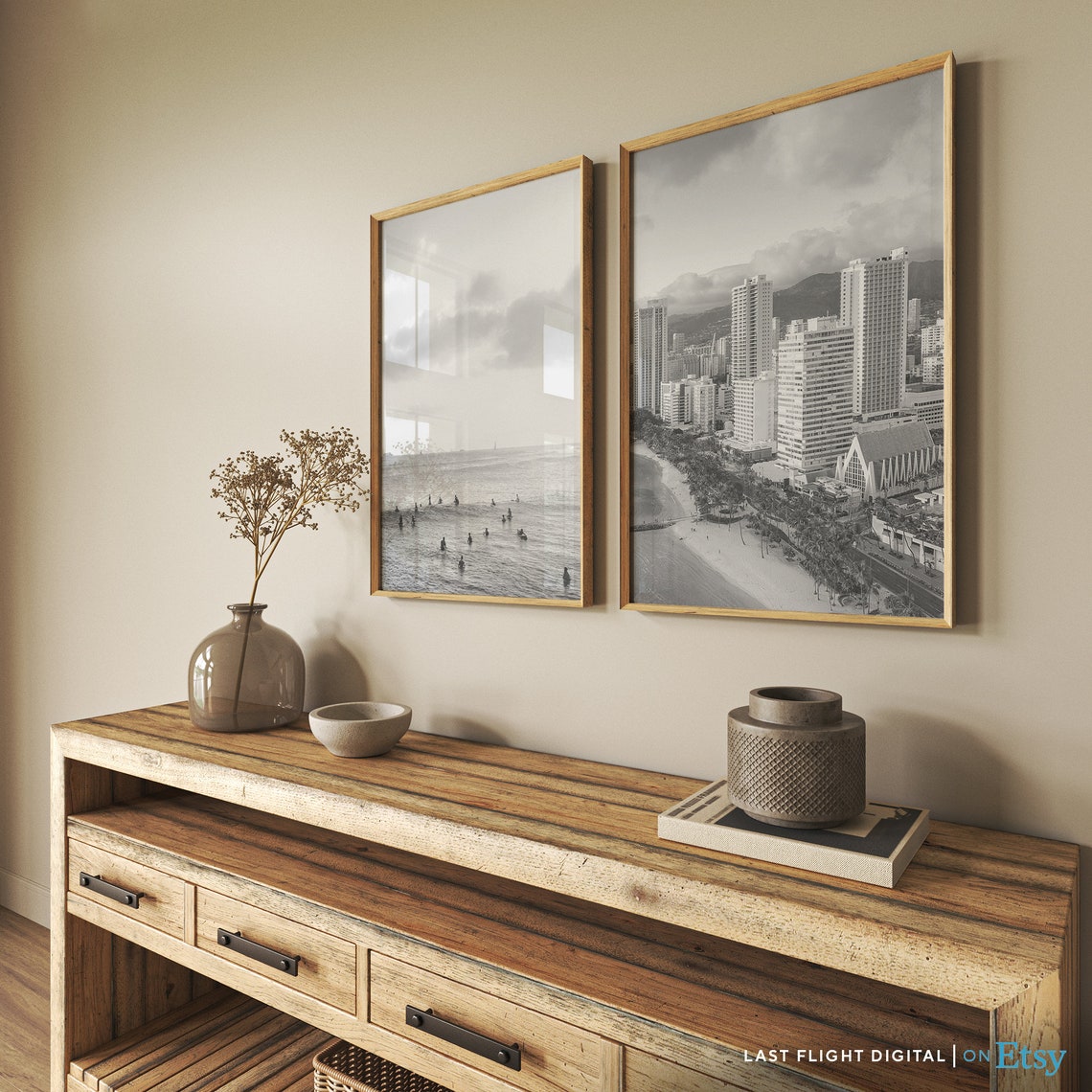 Honolulu Hawaii Waikiki Beach Hotels Coastline Black White Poster - Image 4