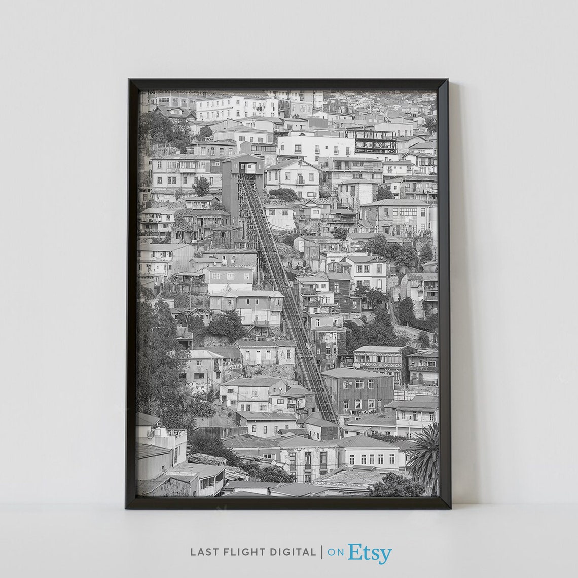 Valparaiso Chile Funicular Elevator Hillside Black And White Poster