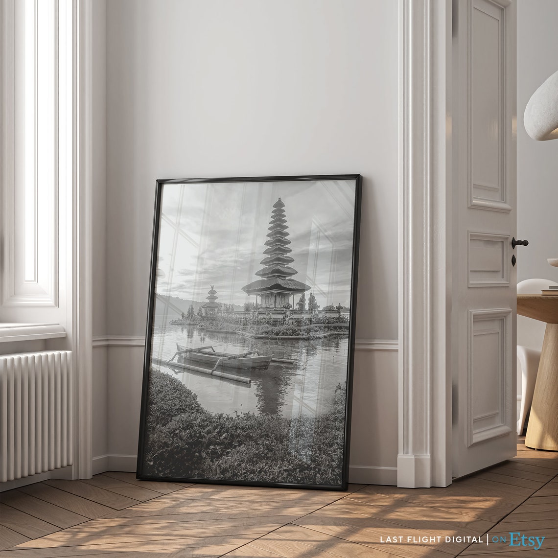Bali Indonesia Ulun Danu Temple Lake Canoe Black White Poster - Image 4