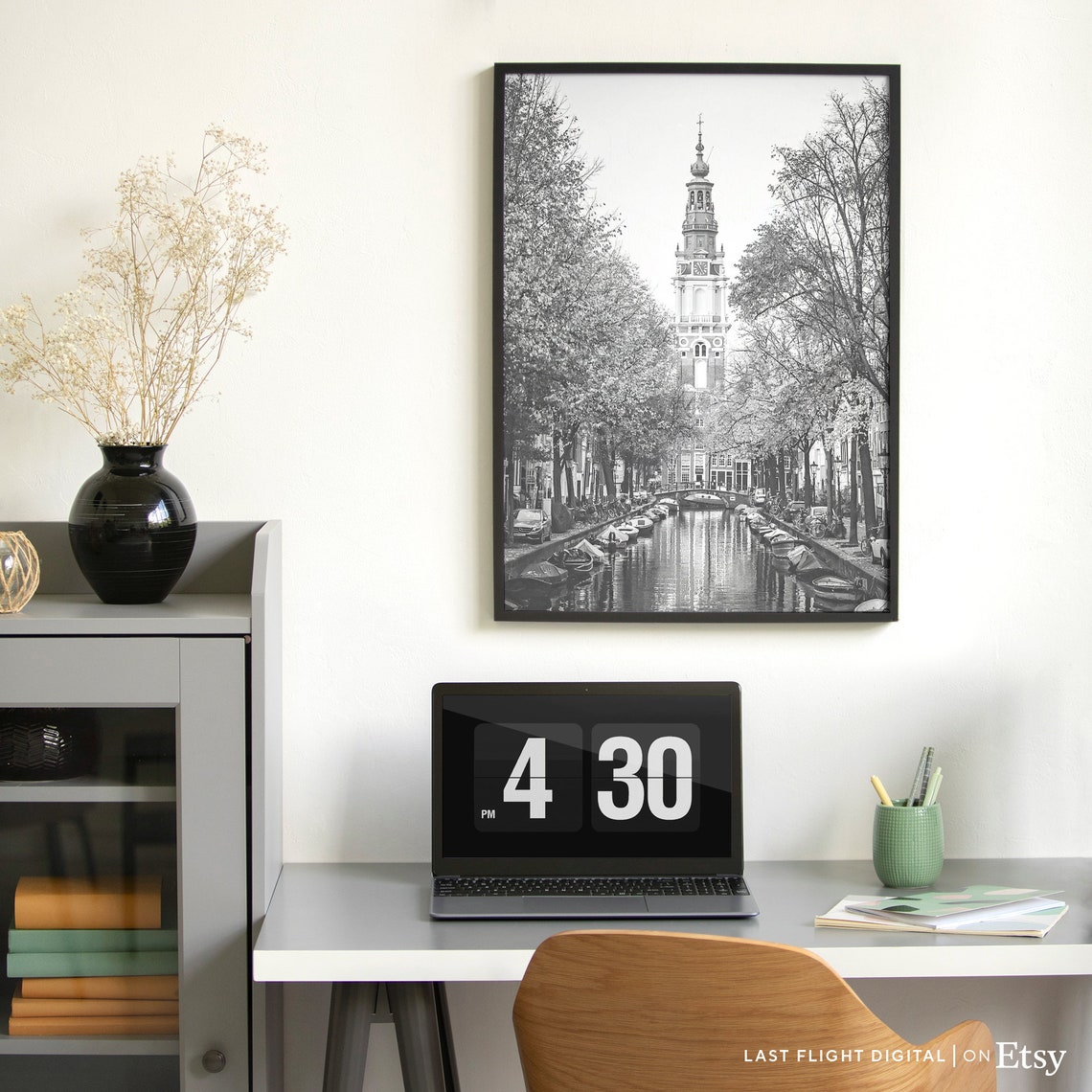 Amsterdam Netherlands Westerkerk Canal Boats Black White Poster - Image 2