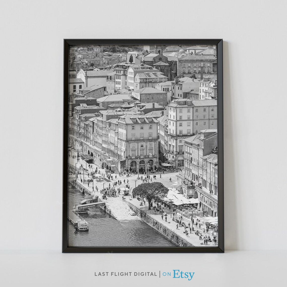 Porto Portugal Ribeira Riverfront Douro River Black White Poster