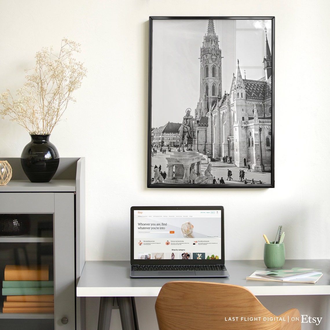Budapest Hungary Matthias Church Square Statue Black White Poster - Image 3